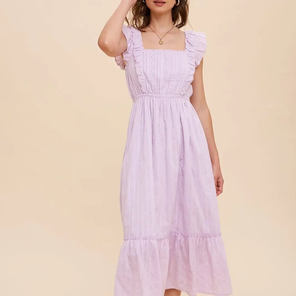 Lavender Ruffle 100% Cotton Midi Dress - Women's Square Neck